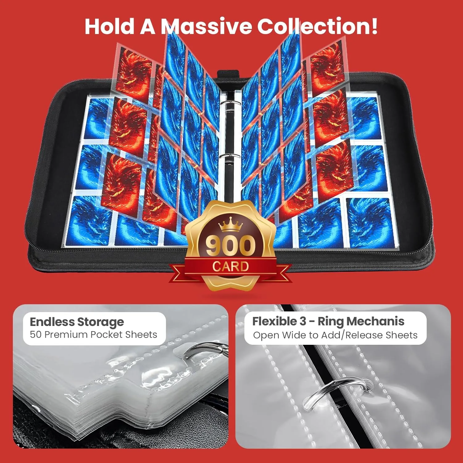 Card Binders 9 Pocket with 900 Pockets,Premium Zipper Case with 50 Removable Pages, Trading Folder,Album Sleeves Holder Sheets for Game and Sports Cards,Gifts for Boys and Girls,Red