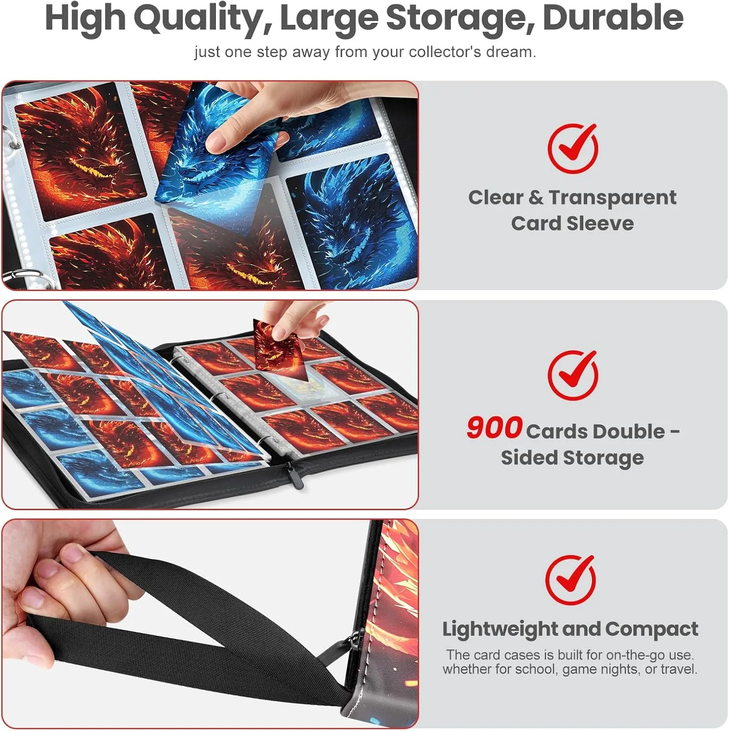 Card Binders 9 Pocket with 900 Pockets,Premium Zipper Case with 50 Removable Pages, Trading Folder,Album Sleeves Holder Sheets for Game and Sports Cards,Gifts for Boys and Girls,Red