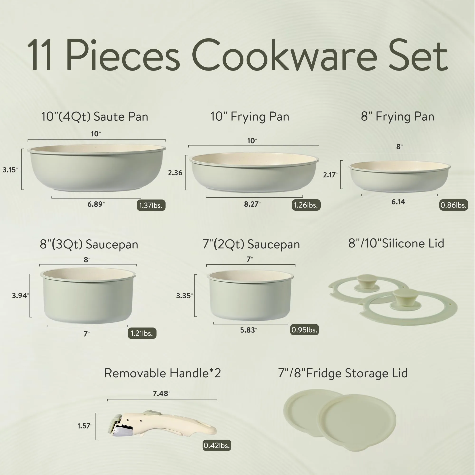 CAROTE Pots and Pans Set, Nonstick Cookware Set Detachable Handle, 11pcs Induction Kitchen Cookware Sets Non Stick with Removable Handle, RV Cookware Set, Oven Safe, Sage Green