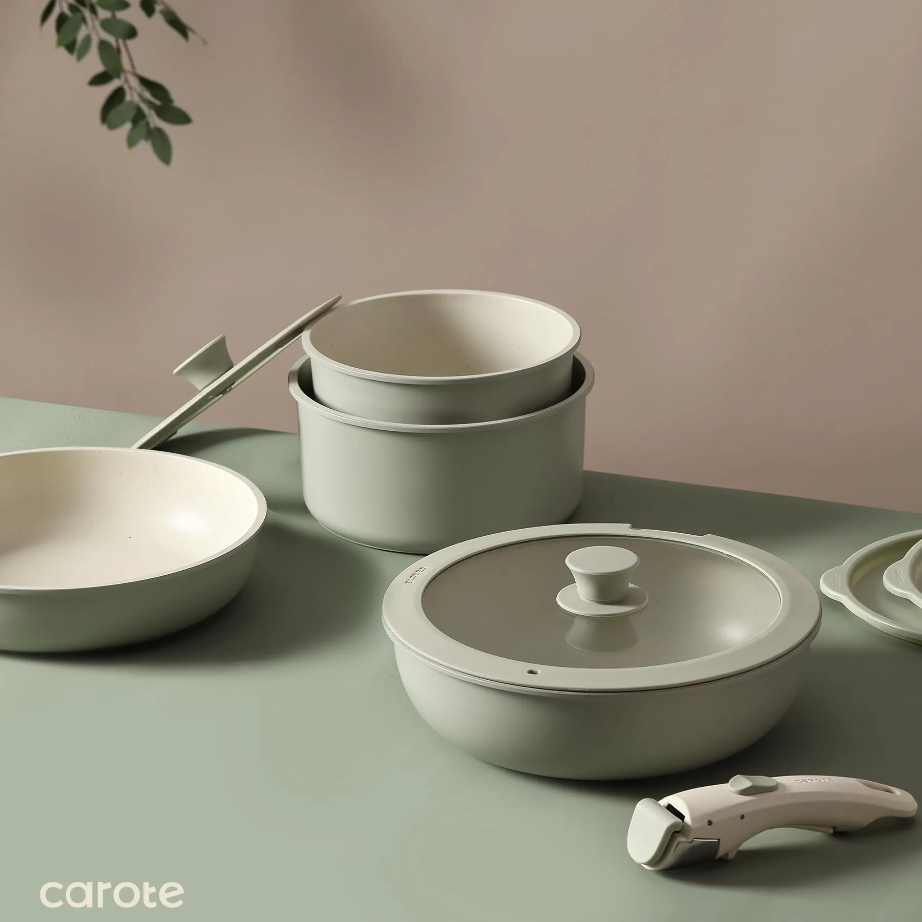 CAROTE Pots and Pans Set, Nonstick Cookware Set Detachable Handle, 11pcs Induction Kitchen Cookware Sets Non Stick with Removable Handle, RV Cookware Set, Oven Safe, Sage Green