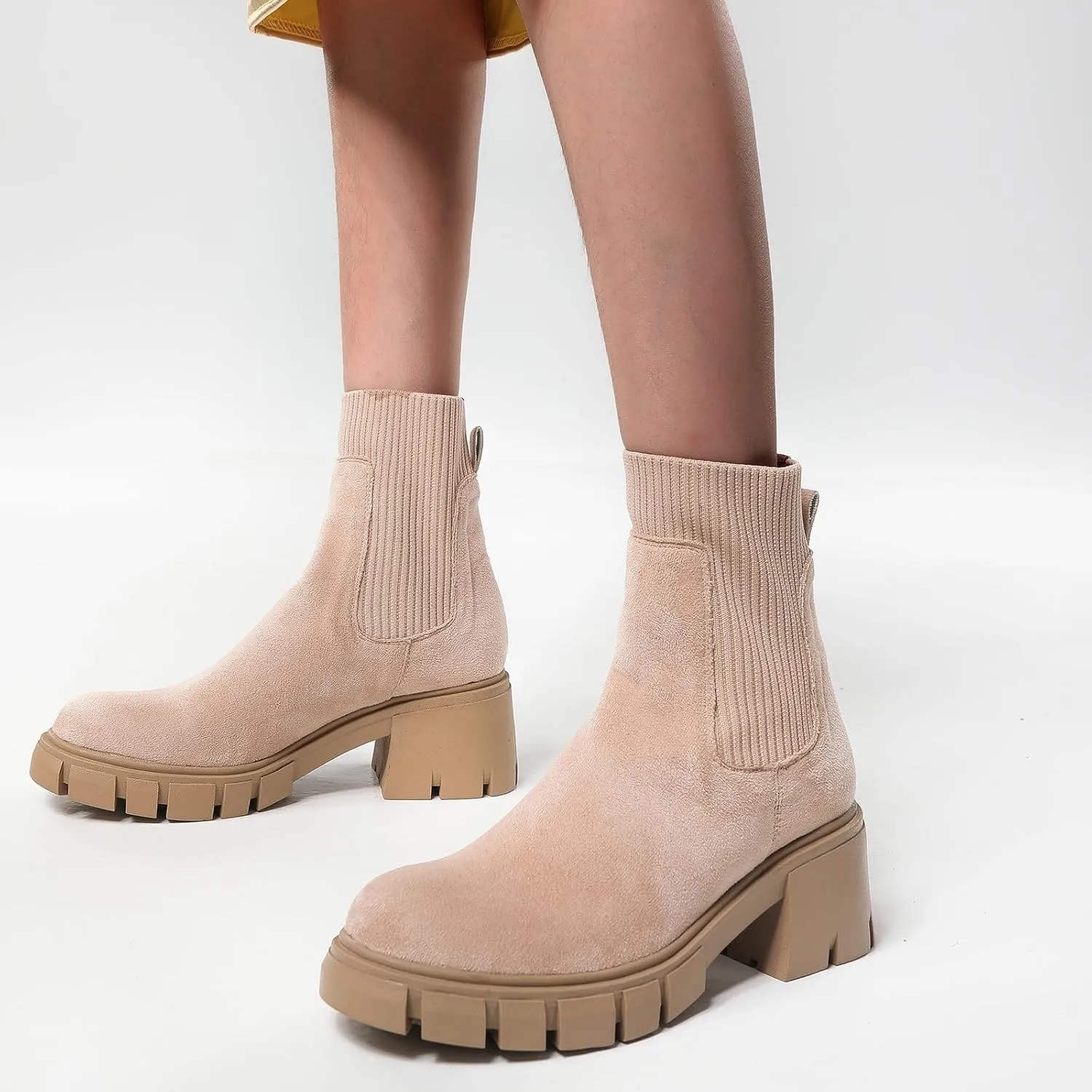 Cathalem Women's Ankle Boots 2024 New Chelsea Slip on Short Square-toe Booties Winter Fall Water Repellent Ankle Boots