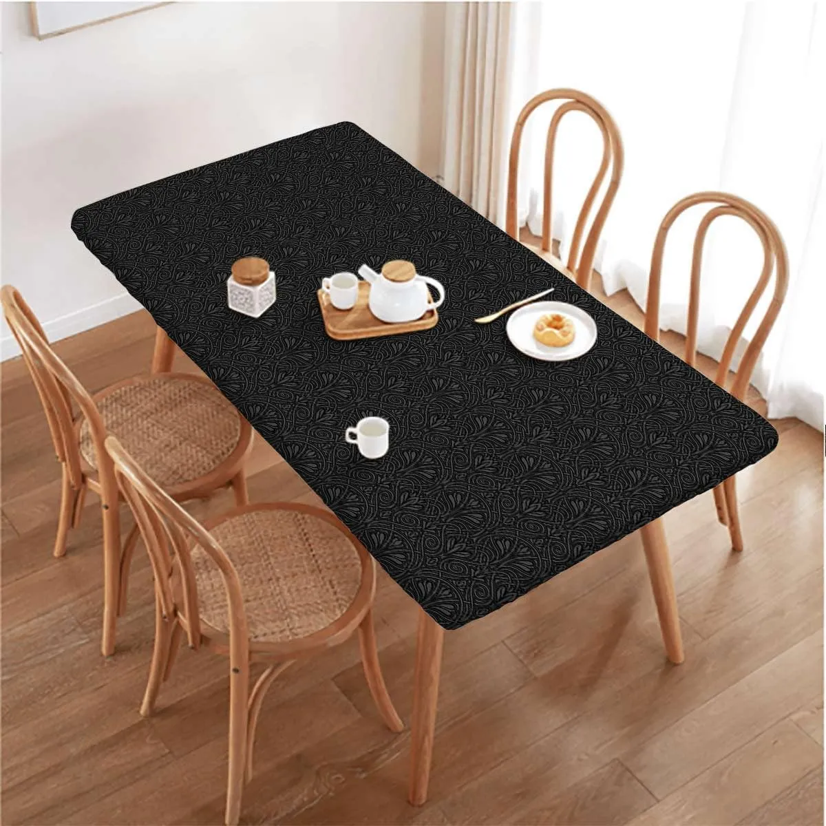 Charcoal Grey Fitted Tablecloth Antique Mild Ombre Shade Victorian Waterproof Wipeable Table Covers for Indoor, Outdoor Damask Fits up 5 Foot Tables