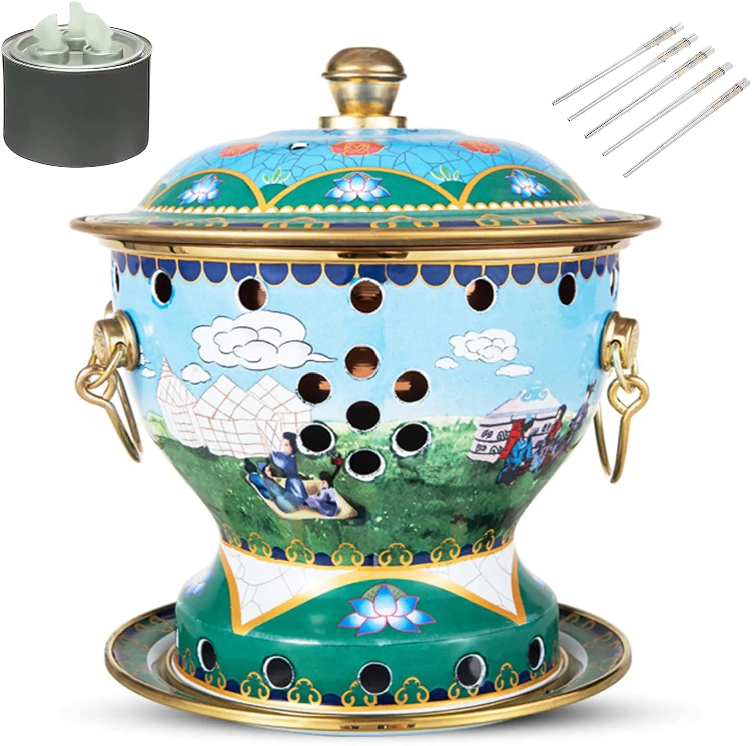 Chinese Traditional Hot Pot, 7 Inch Copper Hot Pot, Fast Heating, Durable & Easy Clean, for Family Dinners Gathering Barbecues Outdoor Picnic (Grassland style,Stainless steel liner)