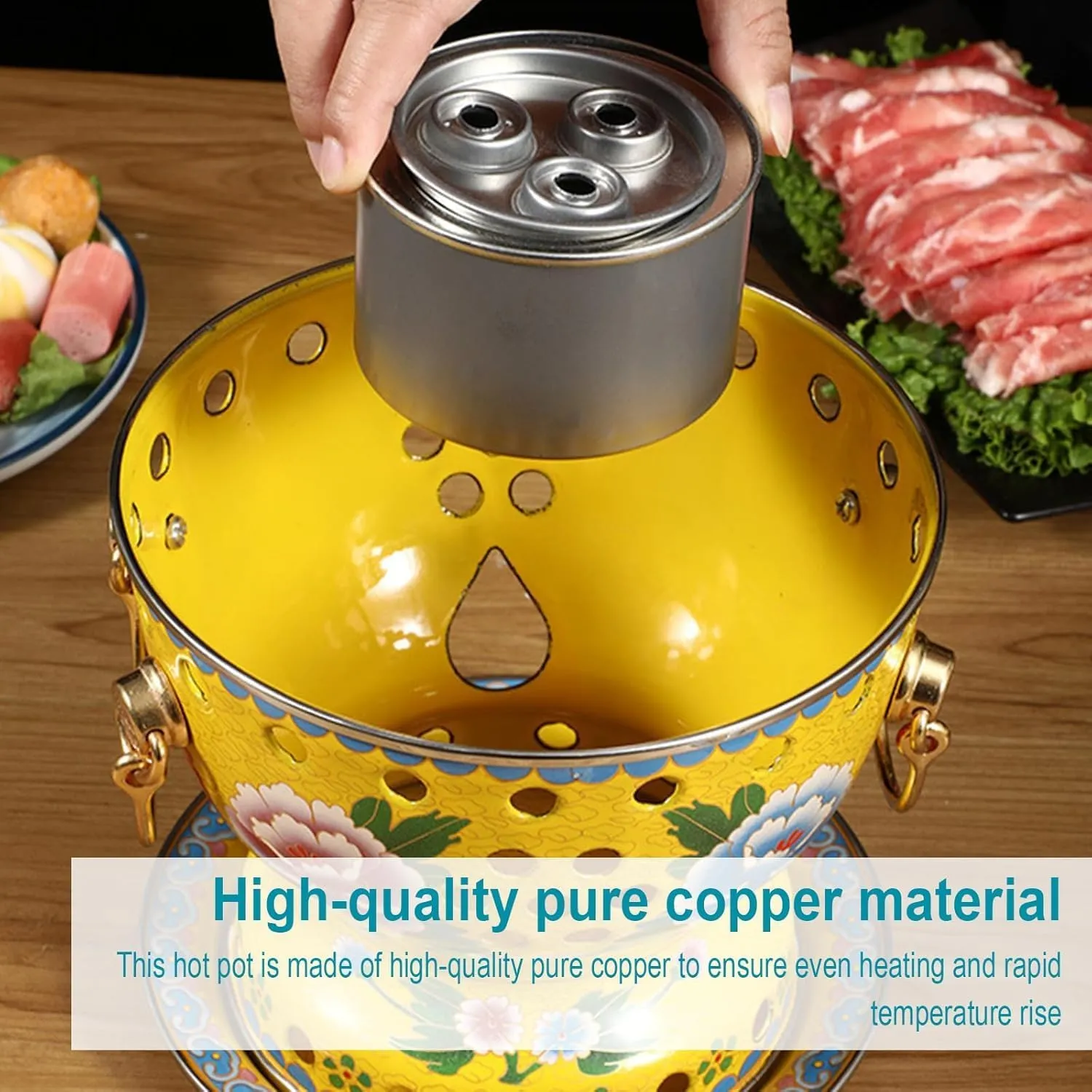 Chinese Traditional Hot Pot, 7 Inch Copper Hot Pot, Fast Heating, Durable & Easy Clean, for Family Dinners Gathering Barbecues Outdoor Picnic (Grassland style,Stainless steel liner)