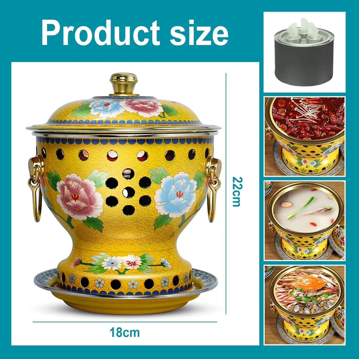 Chinese Traditional Hot Pot, 7 Inch Copper Hot Pot, Fast Heating, Durable & Easy Clean, for Family Dinners Gathering Barbecues Outdoor Picnic (Grassland style,Stainless steel liner)
