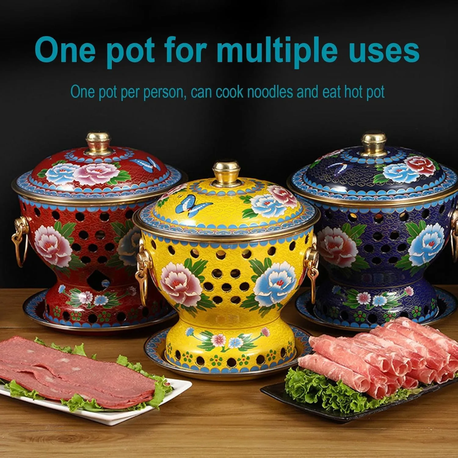Chinese Traditional Hot Pot, 7 Inch Copper Hot Pot, Fast Heating, Durable & Easy Clean, for Family Dinners Gathering Barbecues Outdoor Picnic (Grassland style,Stainless steel liner)