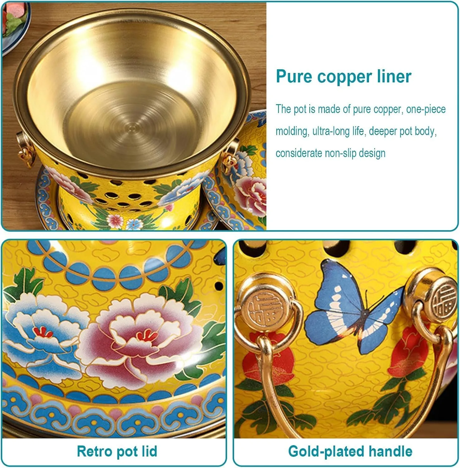 Chinese Traditional Hot Pot, 7 Inch Copper Hot Pot, Fast Heating, Durable & Easy Clean, for Family Dinners Gathering Barbecues Outdoor Picnic (Grassland style,Stainless steel liner)