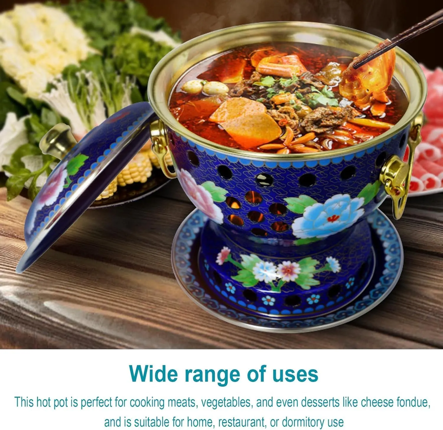 Chinese Traditional Hot Pot, 7 Inch Copper Hot Pot, Fast Heating, Durable & Easy Clean, for Family Dinners Gathering Barbecues Outdoor Picnic (Grassland style,Stainless steel liner)
