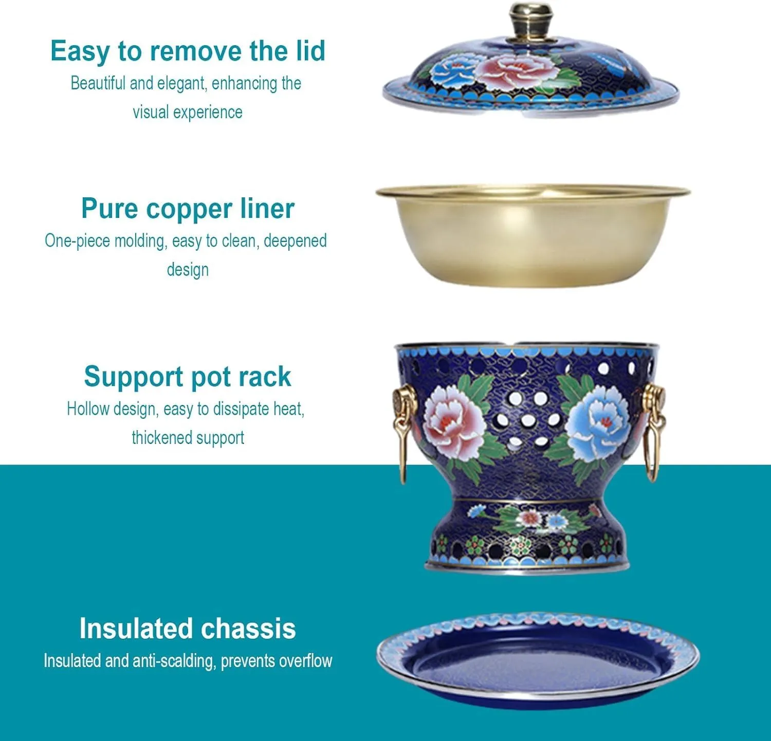 Chinese Traditional Hot Pot, 7 Inch Copper Hot Pot, Fast Heating, Durable & Easy Clean, for Family Dinners Gathering Barbecues Outdoor Picnic (Grassland style,Stainless steel liner)