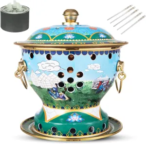 Chinese Traditional Hot Pot, 7 Inch Copper Hot Pot, Fast Heating, Durable & Easy Clean, for Family Dinners Gathering Barbecues Outdoor Picnic (Grassland style,Stainless steel liner)