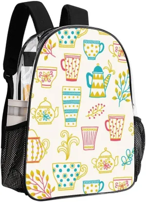Clear Backpack Heavy Duty Colorful Cups Tea 16 Inch for Stadium Events Concert Travel Work Sport Hiking Cute Glasses Teapots Waterproof Sturdy Transparent Bag for Men Women