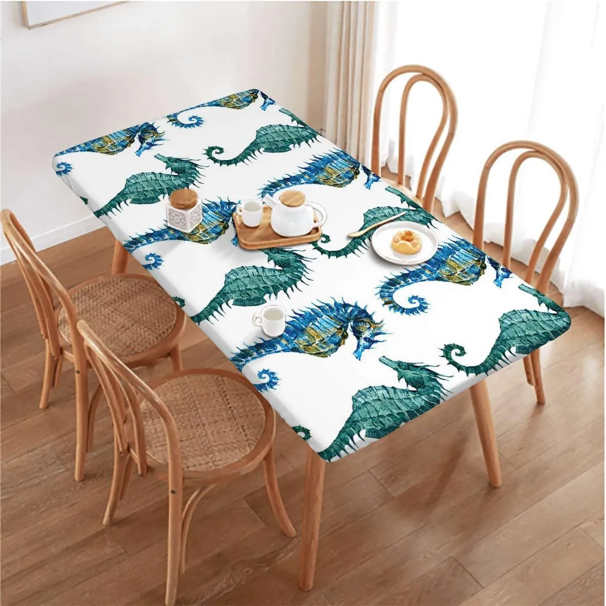 Colorful Rectangle Elastic Fitted Tablecloth Seahorse Lovers Nautical Table ​Cover ​for Kitchen Dining Party Picnic Animal Fits up 5 Foot Tables