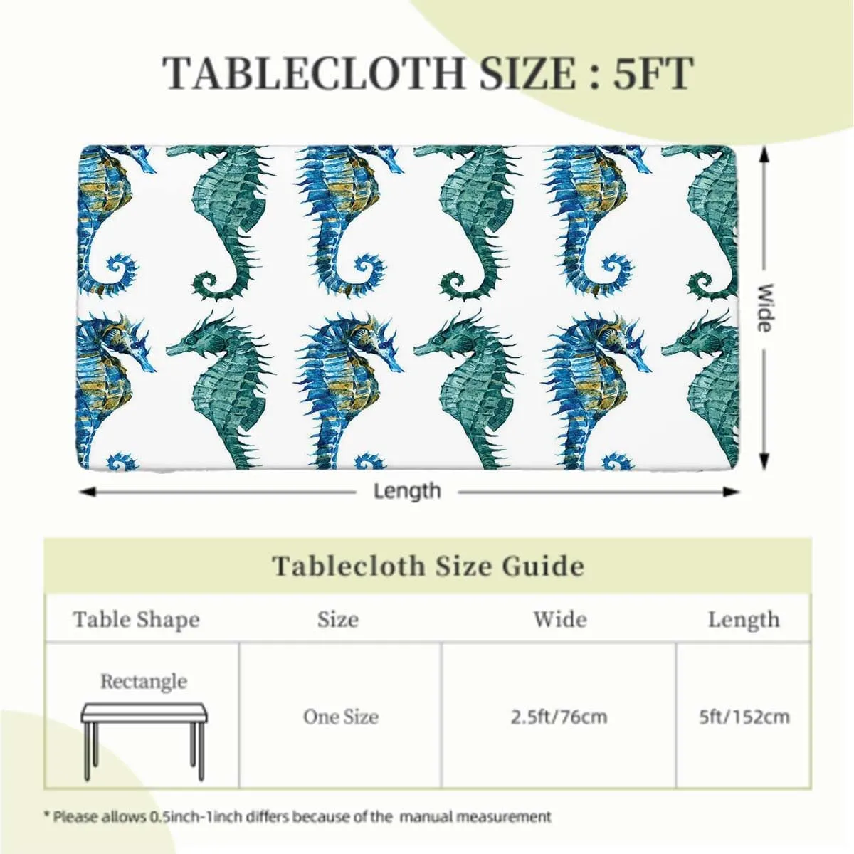 Colorful Rectangle Elastic Fitted Tablecloth Seahorse Lovers Nautical Table ​Cover ​for Kitchen Dining Party Picnic Animal Fits up 5 Foot Tables