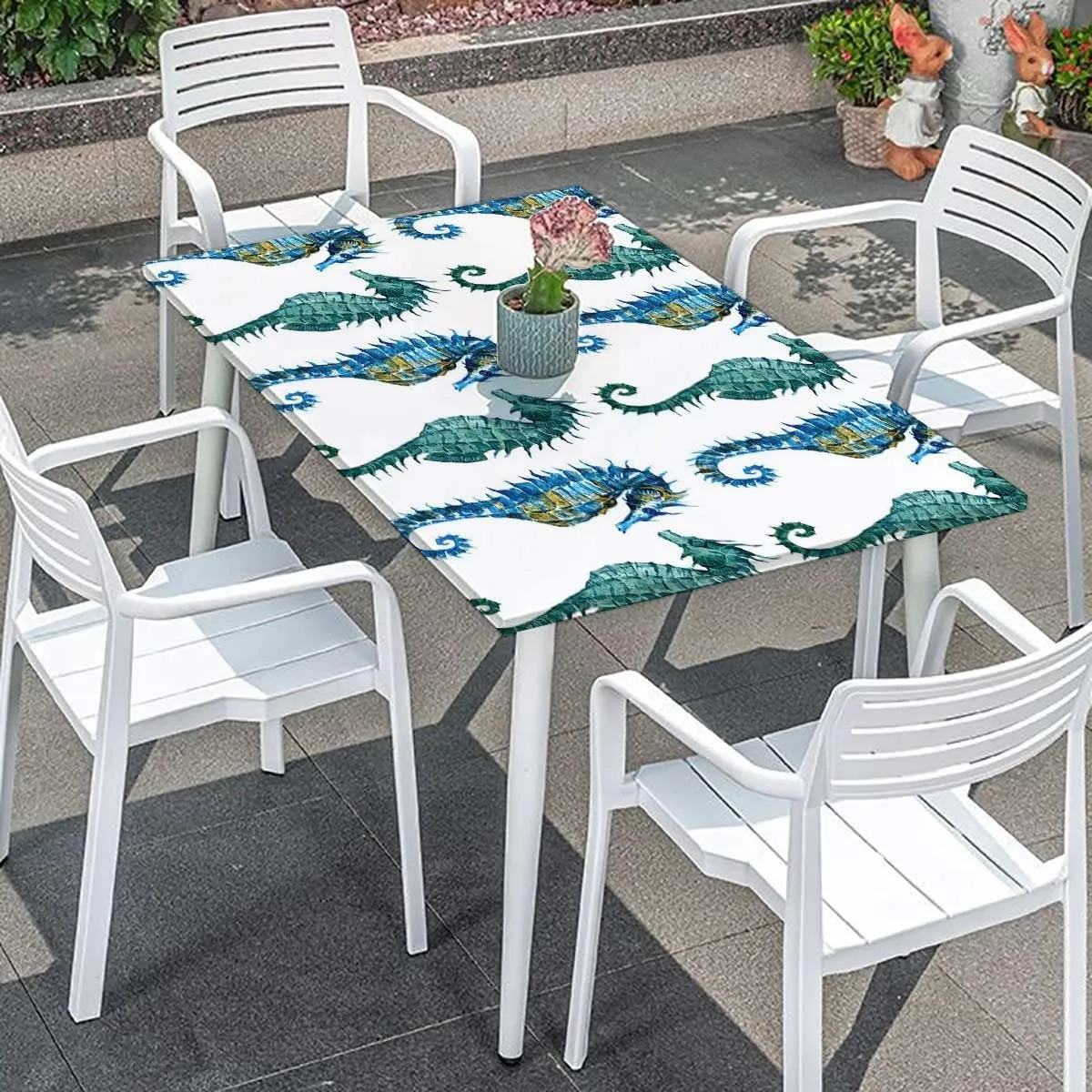 Colorful Rectangle Elastic Fitted Tablecloth Seahorse Lovers Nautical Table ​Cover ​for Kitchen Dining Party Picnic Animal Fits up 5 Foot Tables