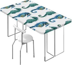 Colorful Rectangle Elastic Fitted Tablecloth Seahorse Lovers Nautical Table ​Cover ​for Kitchen Dining Party Picnic Animal Fits up 5 Foot Tables