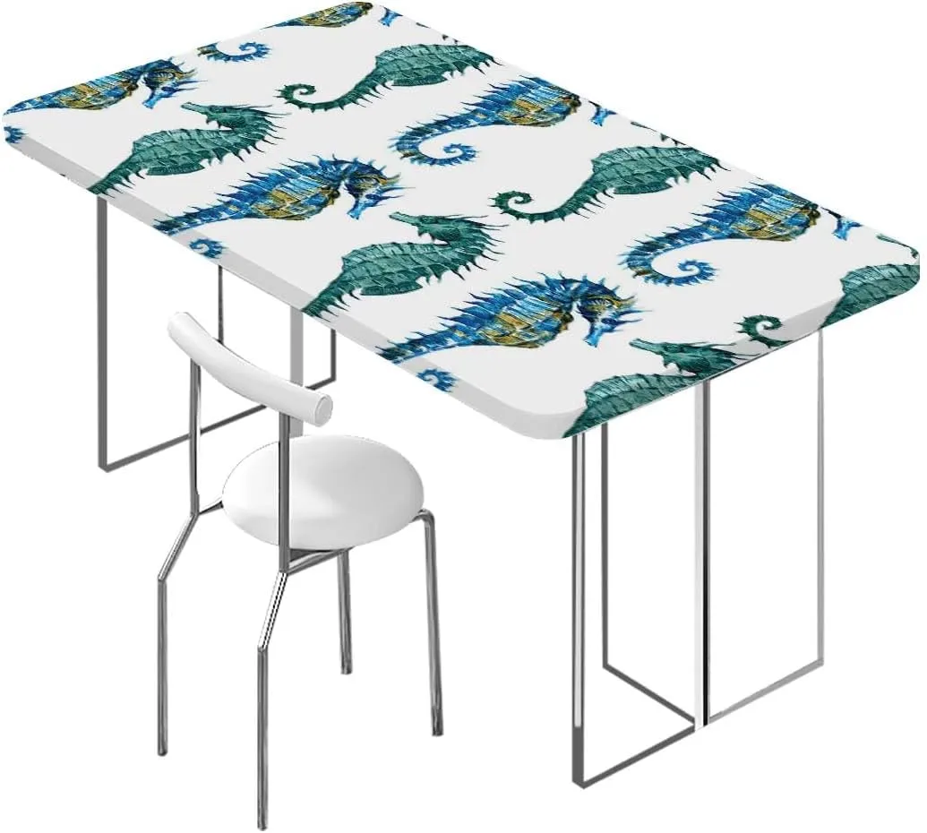 Colorful Rectangle Elastic Fitted Tablecloth Seahorse Lovers Nautical Table ​Cover ​for Kitchen Dining Party Picnic Animal Fits up 5 Foot Tables