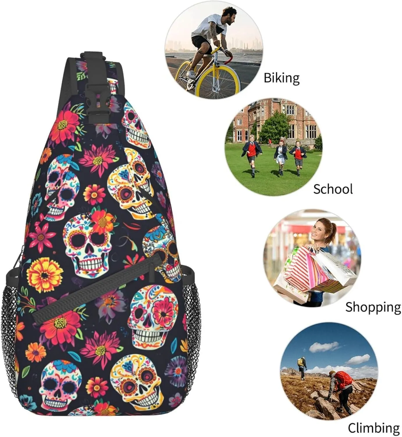 Colorfully Sugar-Skull Sling Backpack Hiking Backpack Crossbody Bag Sports Lightweight And waterproof Chest Bag Shoulder Bag For Women Men