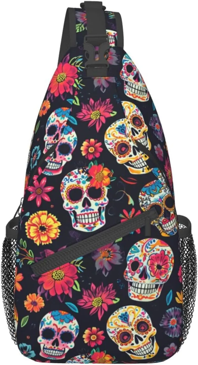 Colorfully Sugar-Skull Sling Backpack Hiking Backpack Crossbody Bag Sports Lightweight And waterproof Chest Bag Shoulder Bag For Women Men