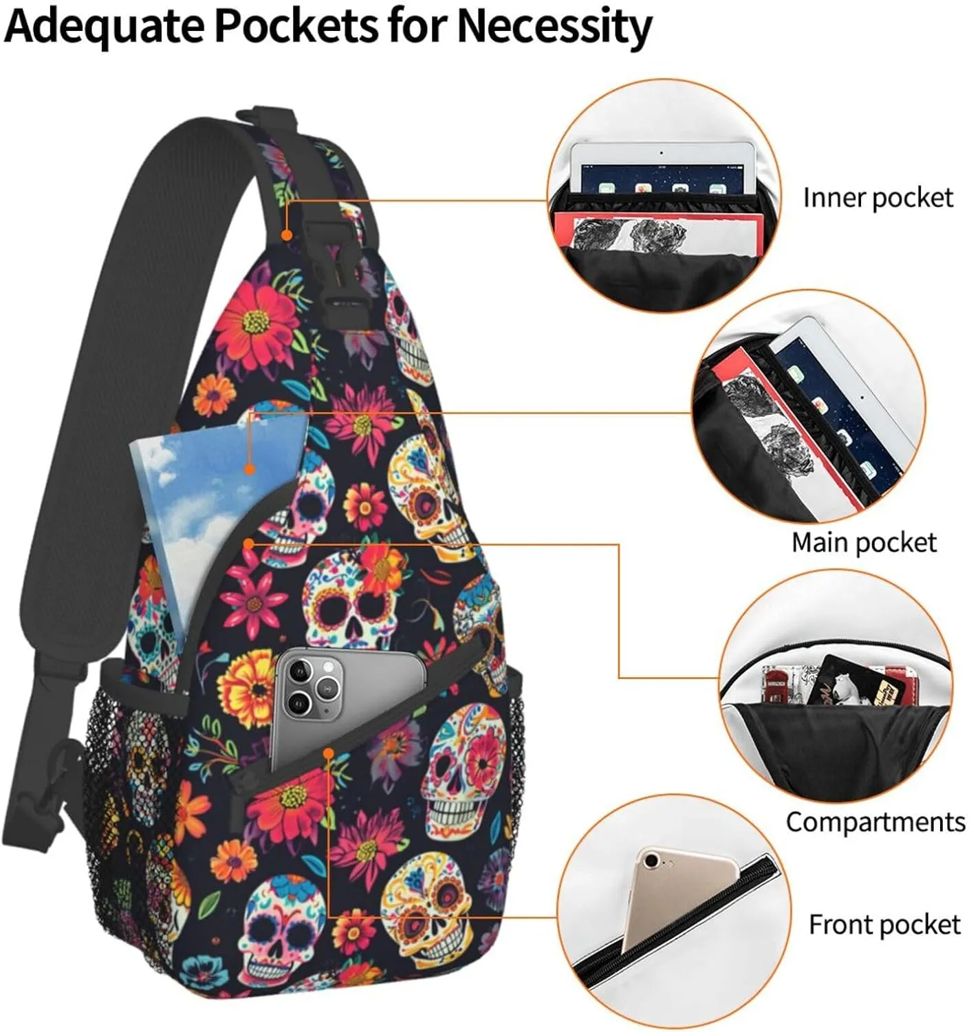 Colorfully Sugar-Skull Sling Backpack Hiking Backpack Crossbody Bag Sports Lightweight And waterproof Chest Bag Shoulder Bag For Women Men