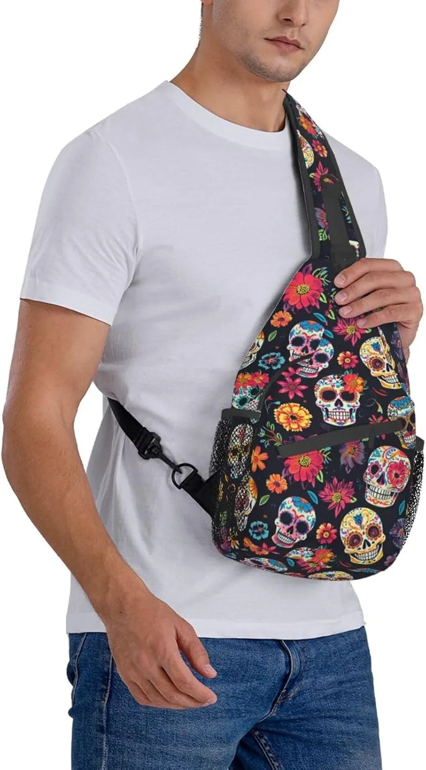 Colorfully Sugar-Skull Sling Backpack Hiking Backpack Crossbody Bag Sports Lightweight And waterproof Chest Bag Shoulder Bag For Women Men