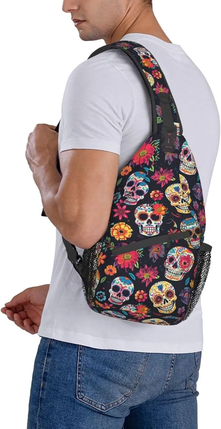 Colorfully Sugar-Skull Sling Backpack Hiking Backpack Crossbody Bag Sports Lightweight And waterproof Chest Bag Shoulder Bag For Women Men