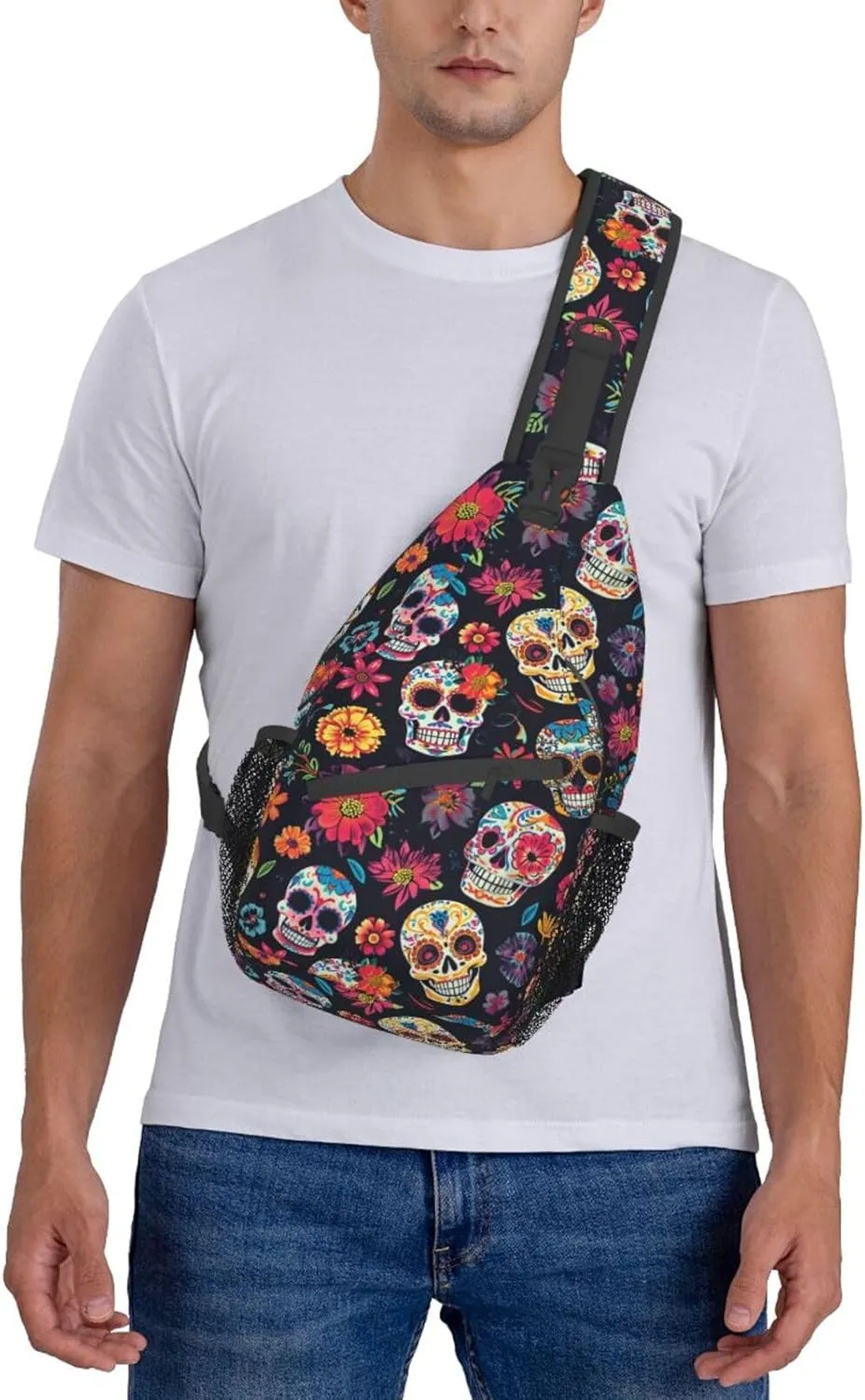 Colorfully Sugar-Skull Sling Backpack Hiking Backpack Crossbody Bag Sports Lightweight And waterproof Chest Bag Shoulder Bag For Women Men