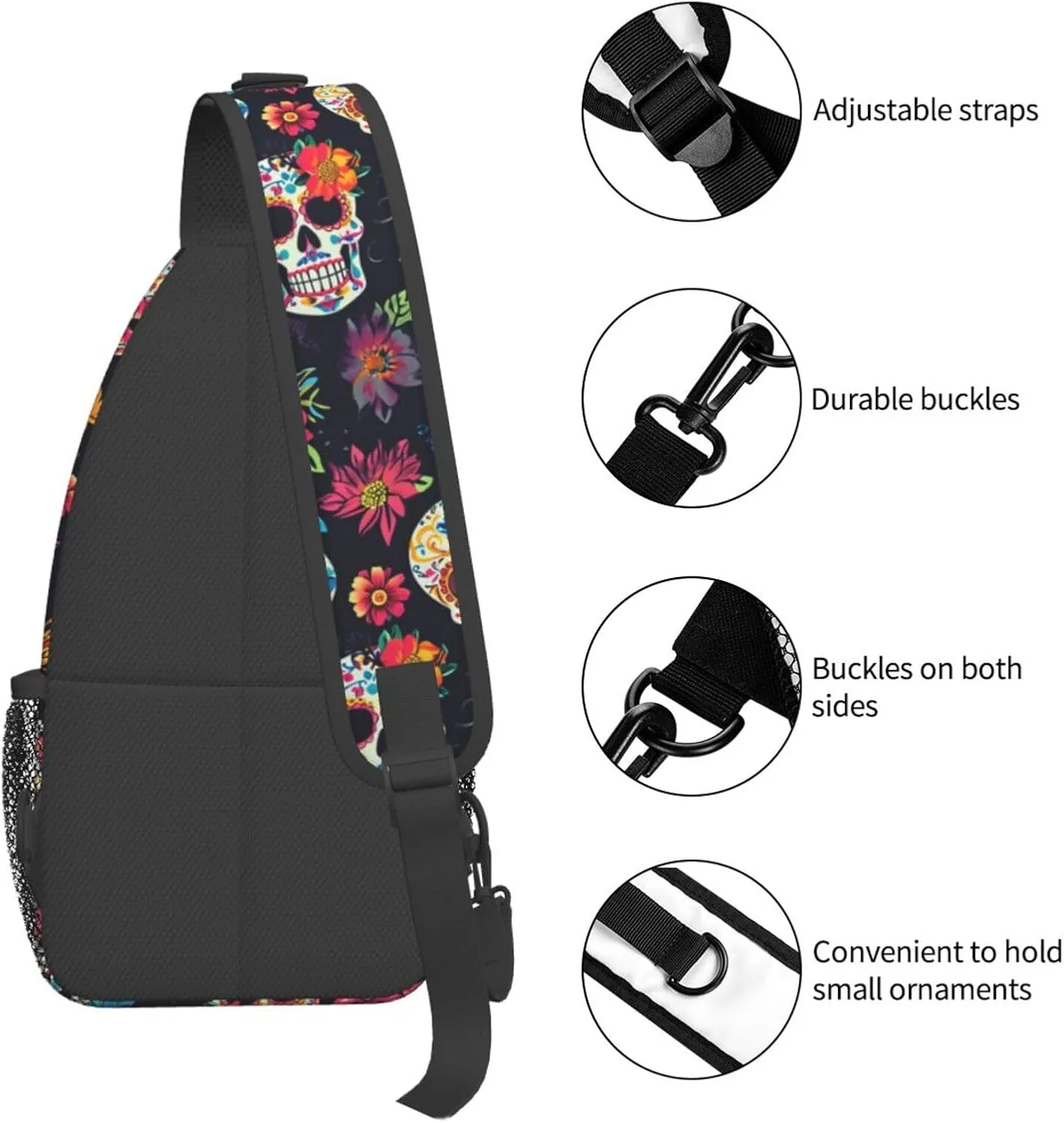 Colorfully Sugar-Skull Sling Backpack Hiking Backpack Crossbody Bag Sports Lightweight And waterproof Chest Bag Shoulder Bag For Women Men