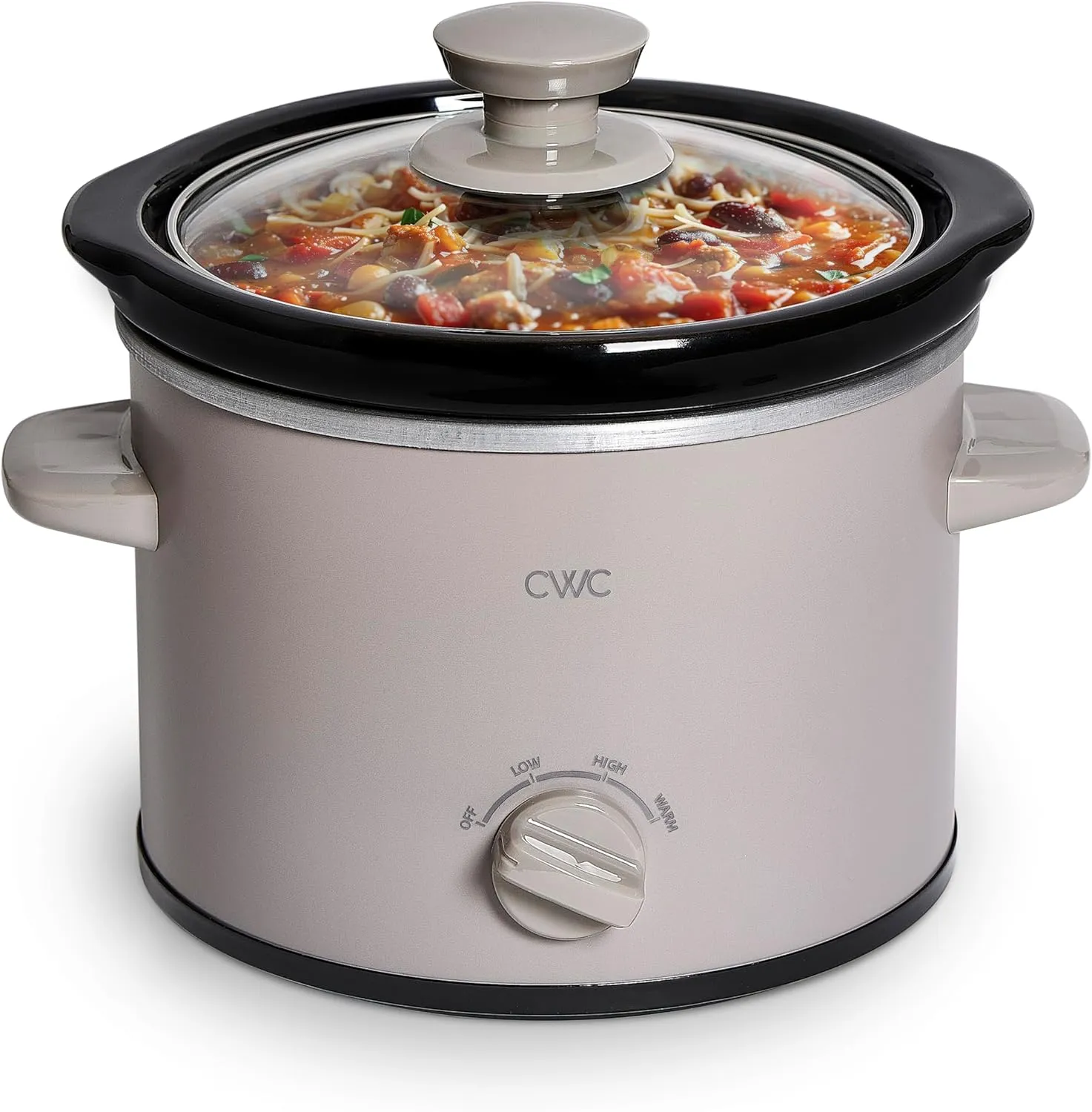COOK WITH COLOR 2QT Mini Electric Round Slow Cooker - Adjustable Settings, Removable Stoneware Pot, Tempered Glass Lid, Dishwasher Safe, Cool-Touch Side Handles, Greige