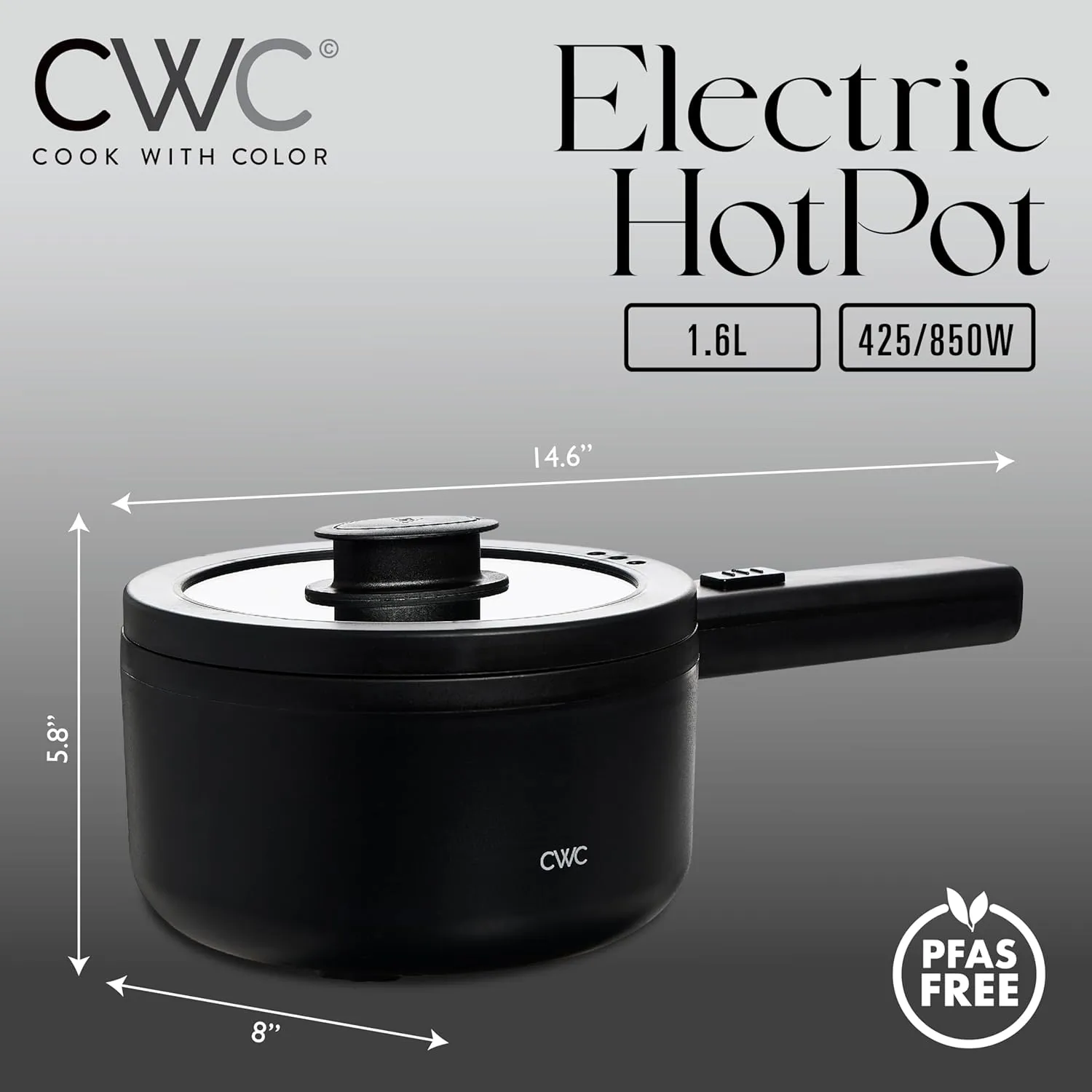 COOK WITH COLOR Electric Hot Pot, 1.6L Mini Cooker, 700W Power, Non-Stick Surface, Thermal Cut-Out Protection, Perfect for Rice, Noodles, Soups, Stews, Dorms, Apartments, and Small Kitchens, Black