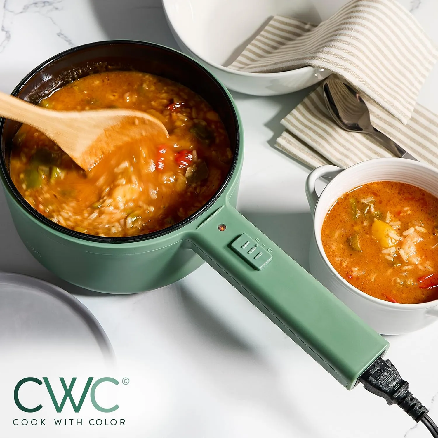 COOK WITH COLOR Electric Hot Pot, 1.6L Mini Cooker, 700W Power, Non-Stick Surface, Thermal Cut-Out Protection, Perfect for Rice, Noodles, Soups, Stews, Dorms, Apartments, and Small Kitchens, Dark Sage