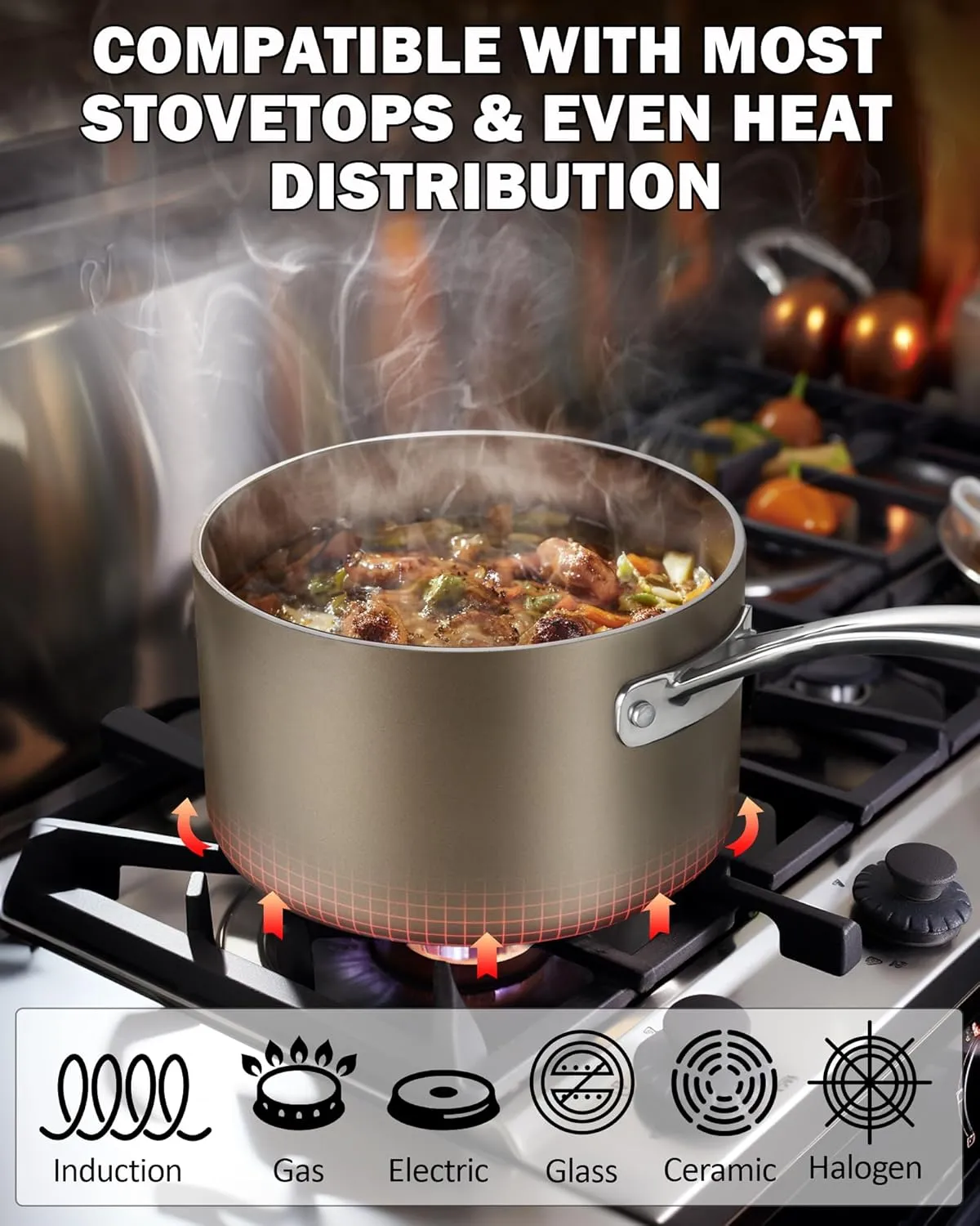 Cooks Standard 3-Quart Saucepan Hard Anodized Ceramic Nonstick with Glass Lid, Classic Small Cooking Sauce pot Mini Milk Pan, Induction Compatible, Bronze