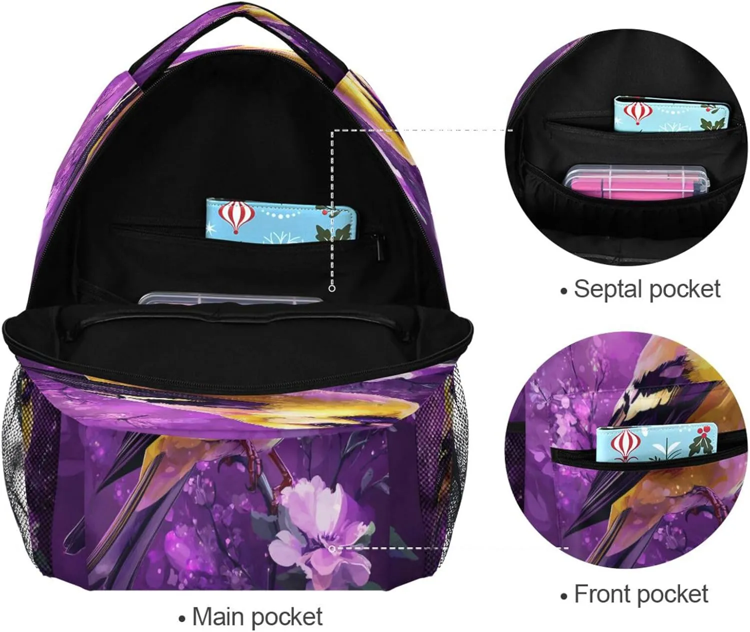 Cool Backpacks for Women Men Waterproof Laptop Bag with Chest Strap Gift Men & Women Beauty Goldfinch Birds Purple
