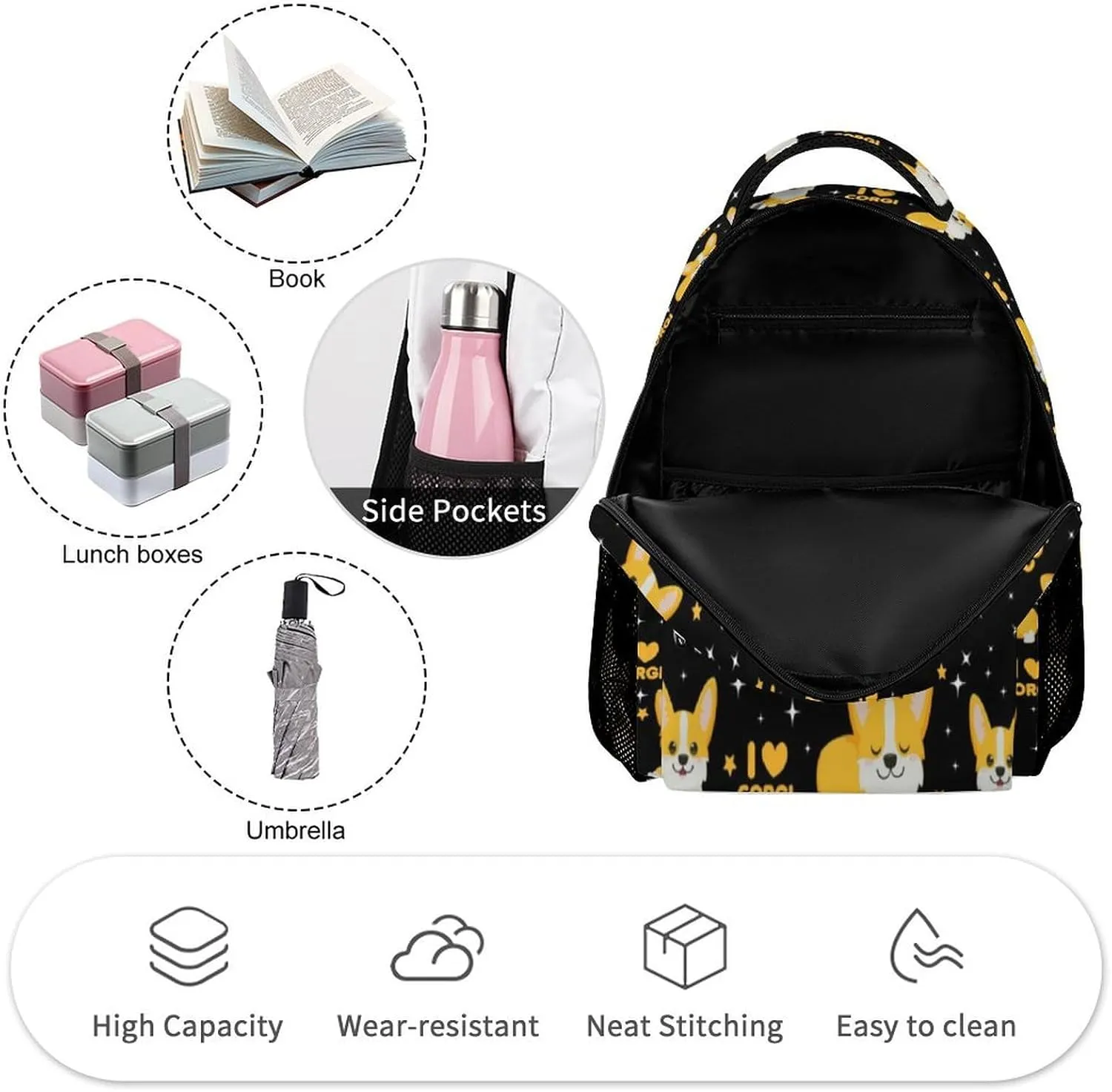 Corgi Dog School Backpack for Kids Girls Boys, 16 Inch Cute Corgi Dogs Themed Bookbag, Personalized School Backpack for Students Children, Lightweight, Large Capacity