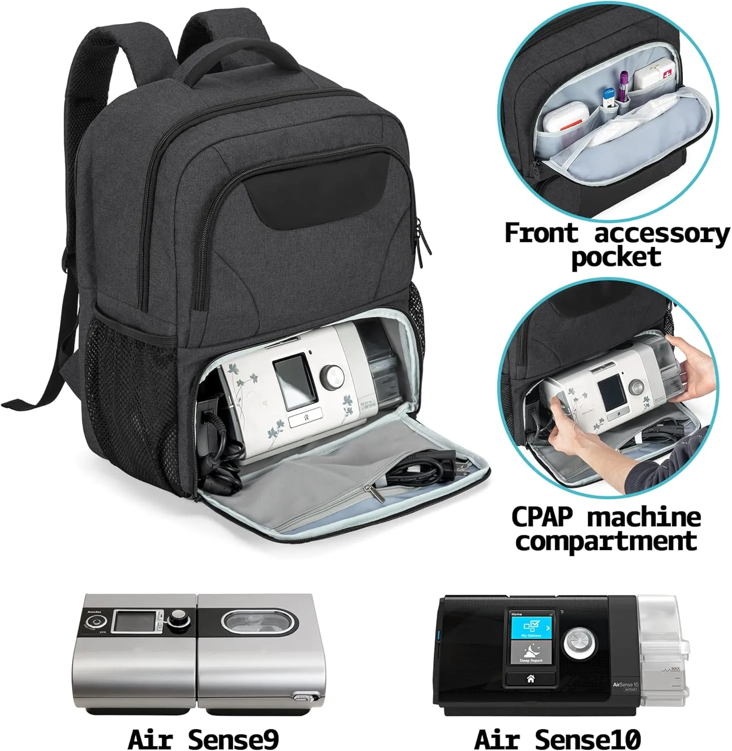 CURMIO CPAP Backpack, Travel Bag Compatible for ResMed AirSense, Philips System One, Black (Patented Design)