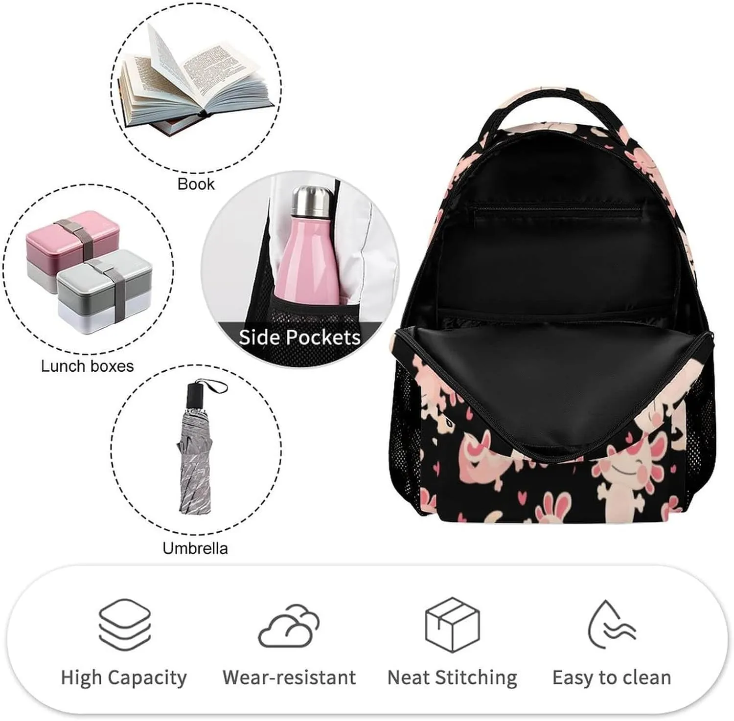 Custom Axolotl School Backpack for Kids Girls Boys, 16 Inch Cute Axolotls Themed Bookbag, Personalized School Backpack for Students Children, Lightweight, Large Capacity