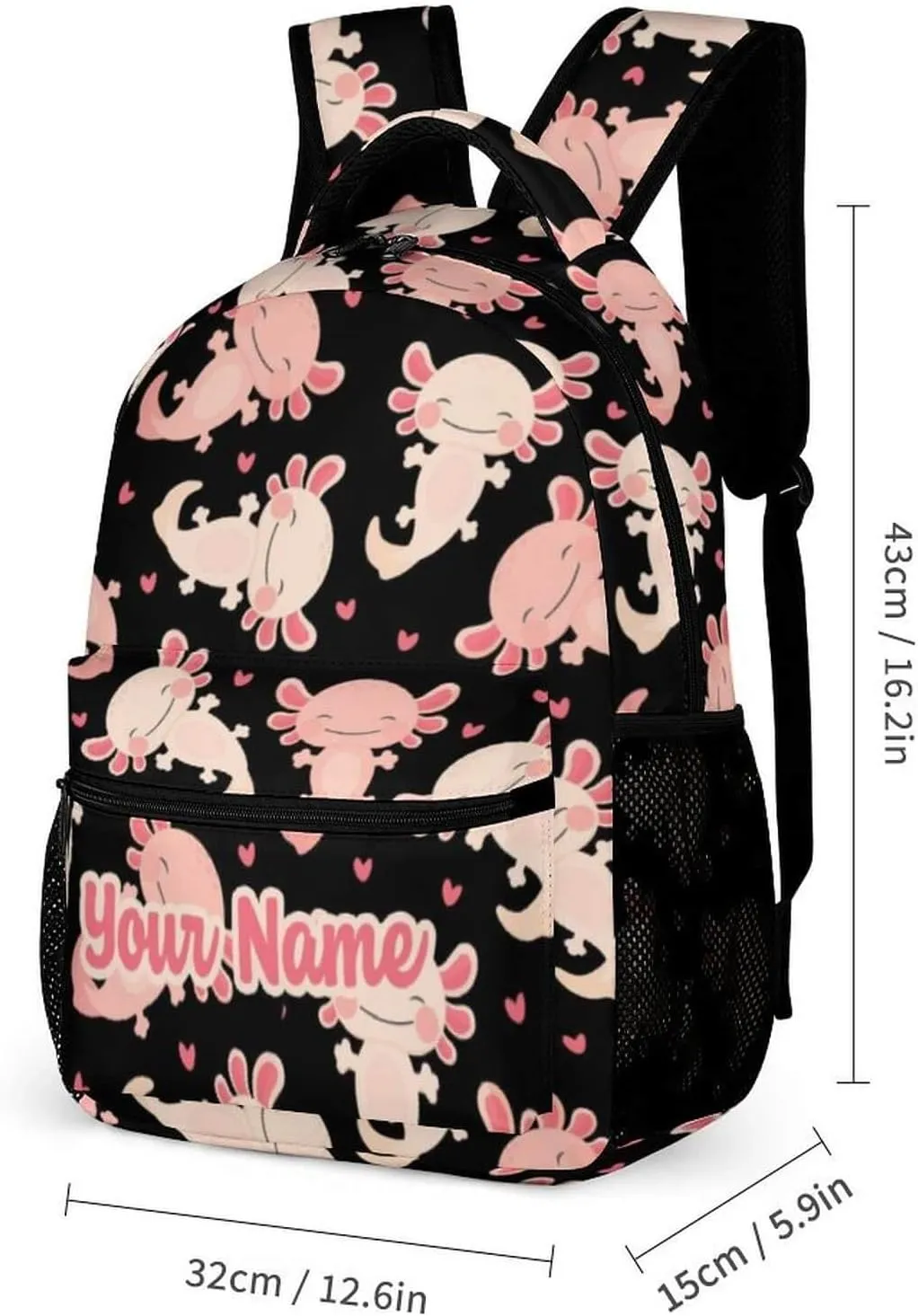 Custom Axolotl School Backpack for Kids Girls Boys, 16 Inch Cute Axolotls Themed Bookbag, Personalized School Backpack for Students Children, Lightweight, Large Capacity