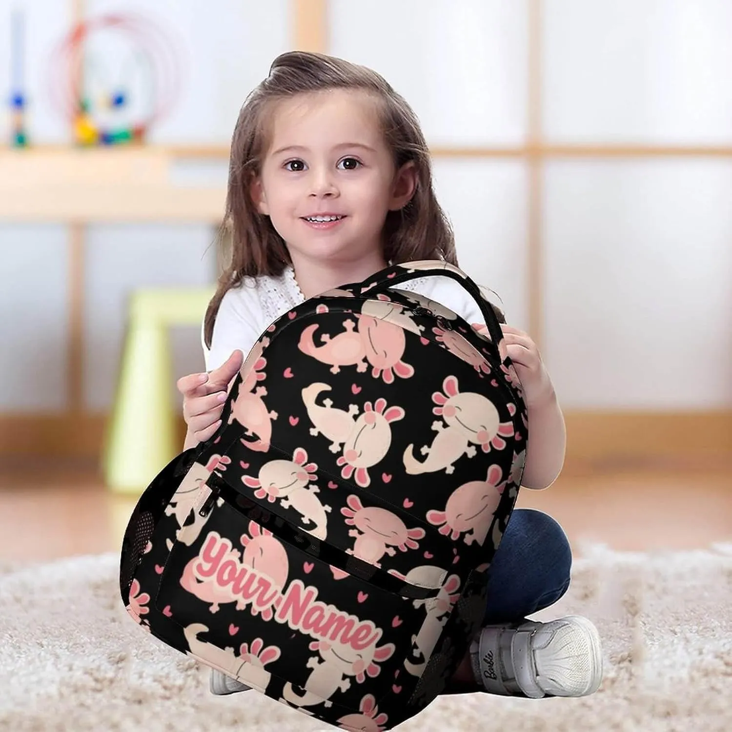 Custom Axolotl School Backpack for Kids Girls Boys, 16 Inch Cute Axolotls Themed Bookbag, Personalized School Backpack for Students Children, Lightweight, Large Capacity