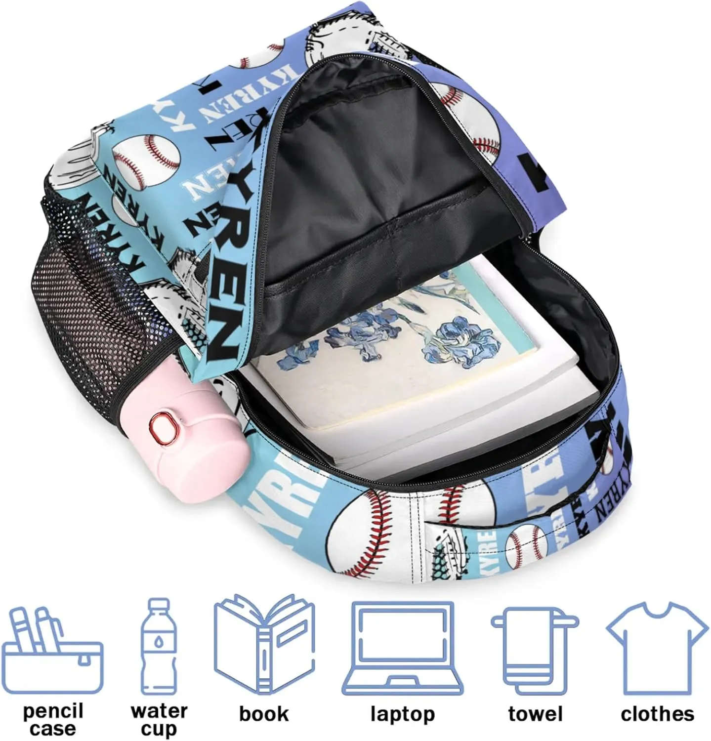 Custom Baseball Backpack for Men Women, Personalized Laptop Backpack with Name, Sports Bag Lightweight Daypack for Travel Camping, Blue Purple