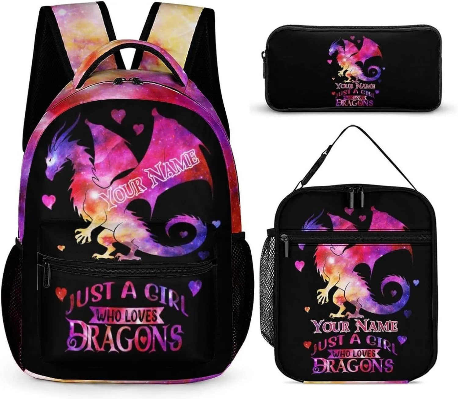 Custom Dragon Backpack with Lunch Box & Pencil Case, 16 Inch Cute Dragon Bookbag for Kids Girls Boys School, School Backpack for Students Children, Lightweight, Large Capacity