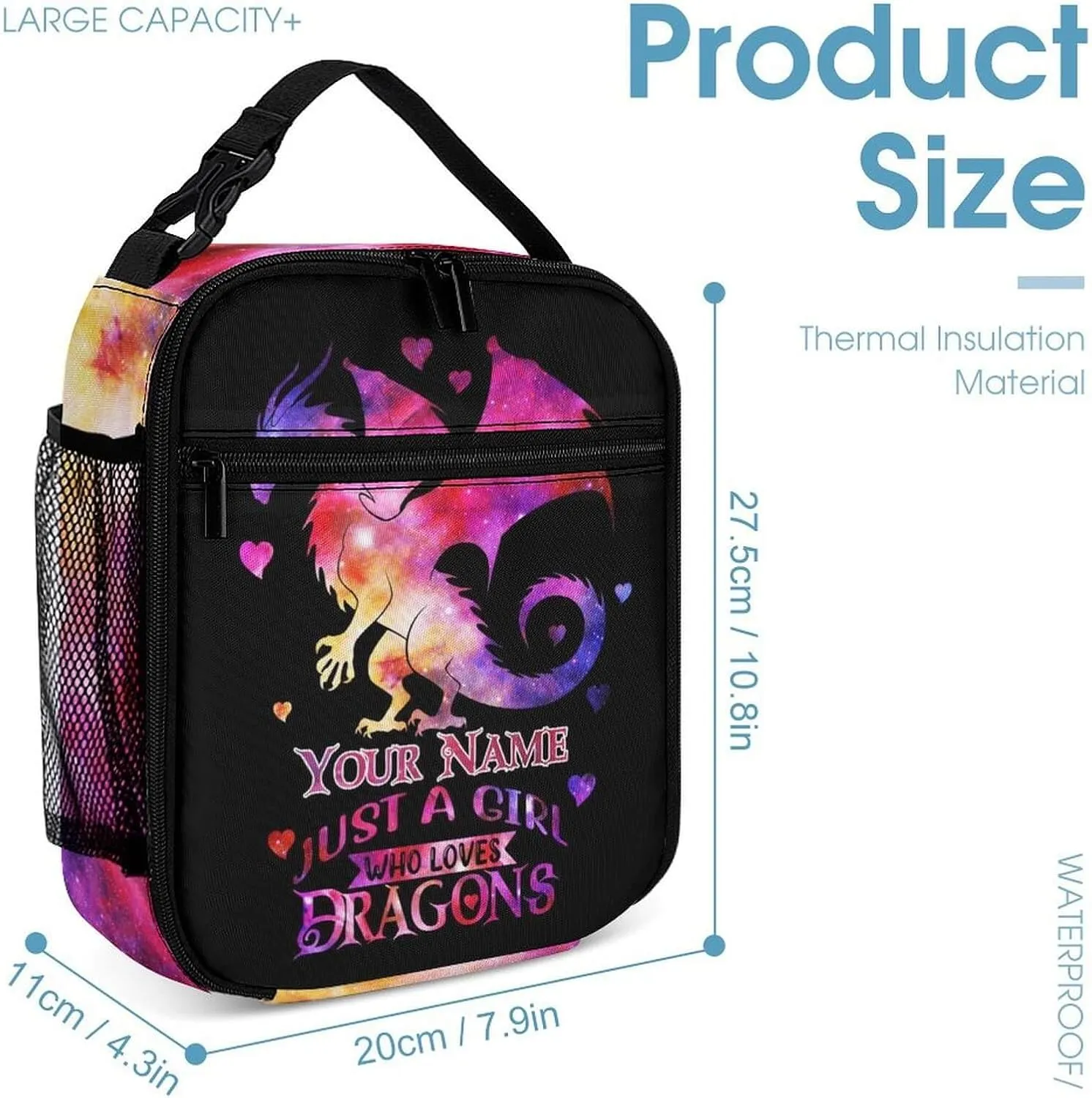 Custom Dragon Backpack with Lunch Box & Pencil Case, 16 Inch Cute Dragon Bookbag for Kids Girls Boys School, School Backpack for Students Children, Lightweight, Large Capacity