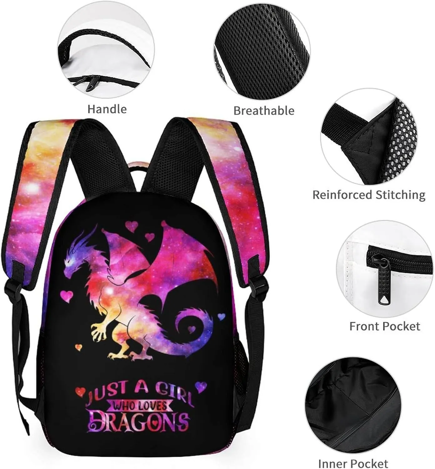 Custom Dragon Backpack with Lunch Box & Pencil Case, 16 Inch Cute Dragon Bookbag for Kids Girls Boys School, School Backpack for Students Children, Lightweight, Large Capacity