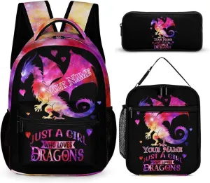 Custom Dragon Backpack with Lunch Box & Pencil Case, 16 Inch Cute Dragon Bookbag for Kids Girls Boys School, School Backpack for Students Children, Lightweight, Large Capacity