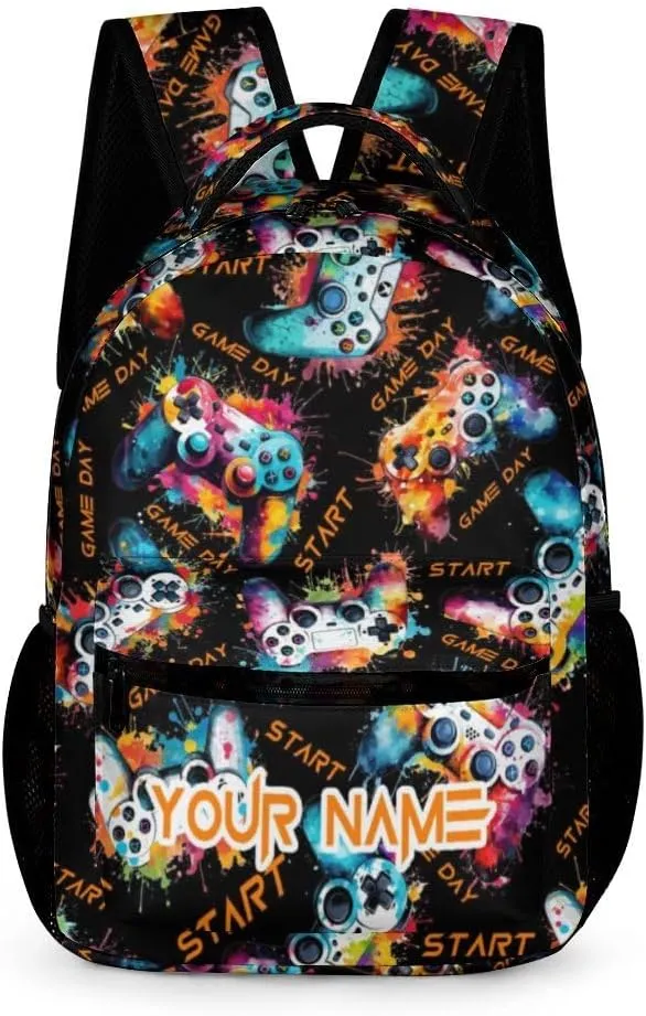 Custom Gamepad School Backpack for Kids Girls Boys, 16 Inch Cute Gaming Themed Bookbag, Personalized School Backpack for Students Children, Lightweight, Large Capacity
