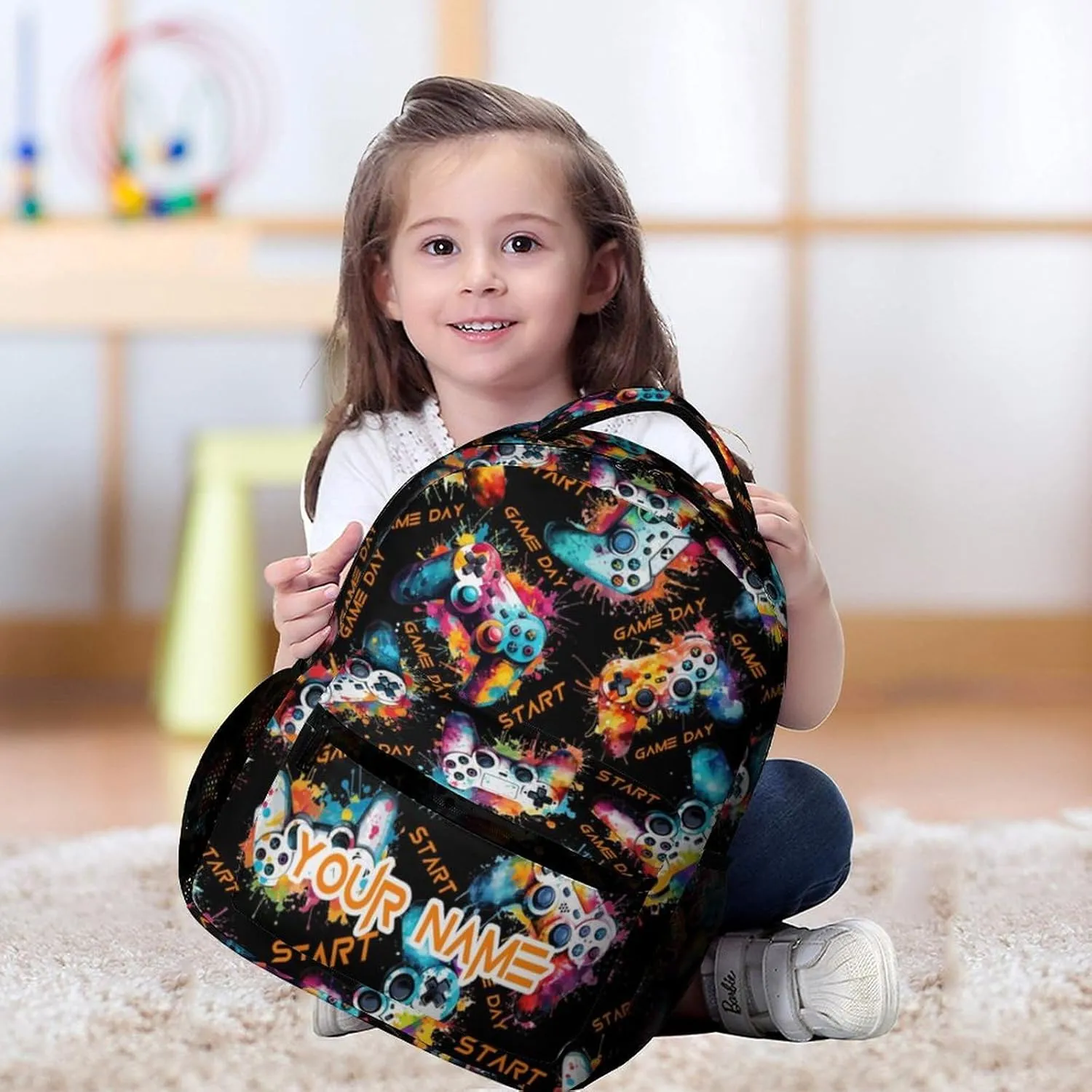Custom Gamepad School Backpack for Kids Girls Boys, 16 Inch Cute Gaming Themed Bookbag, Personalized School Backpack for Students Children, Lightweight, Large Capacity