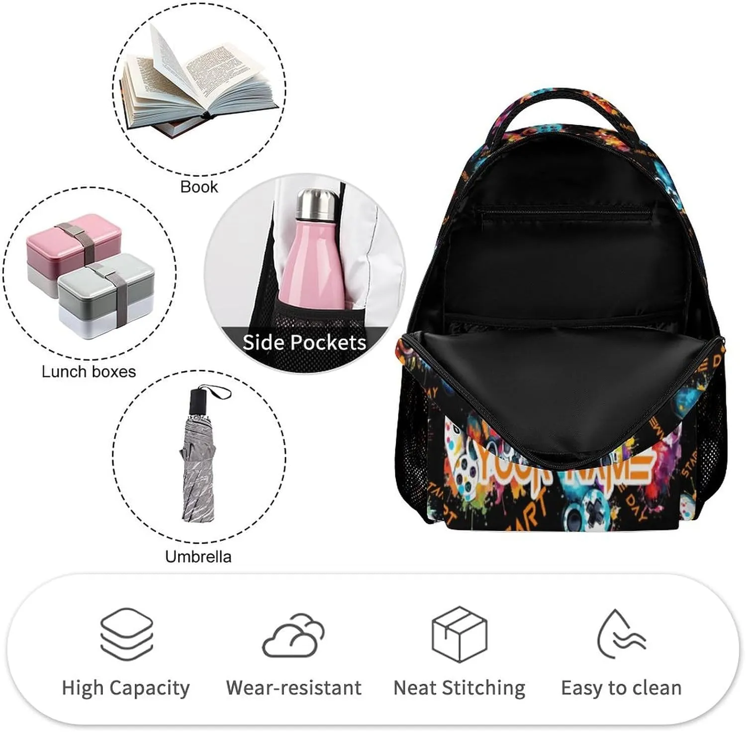 Custom Gamepad School Backpack for Kids Girls Boys, 16 Inch Cute Gaming Themed Bookbag, Personalized School Backpack for Students Children, Lightweight, Large Capacity