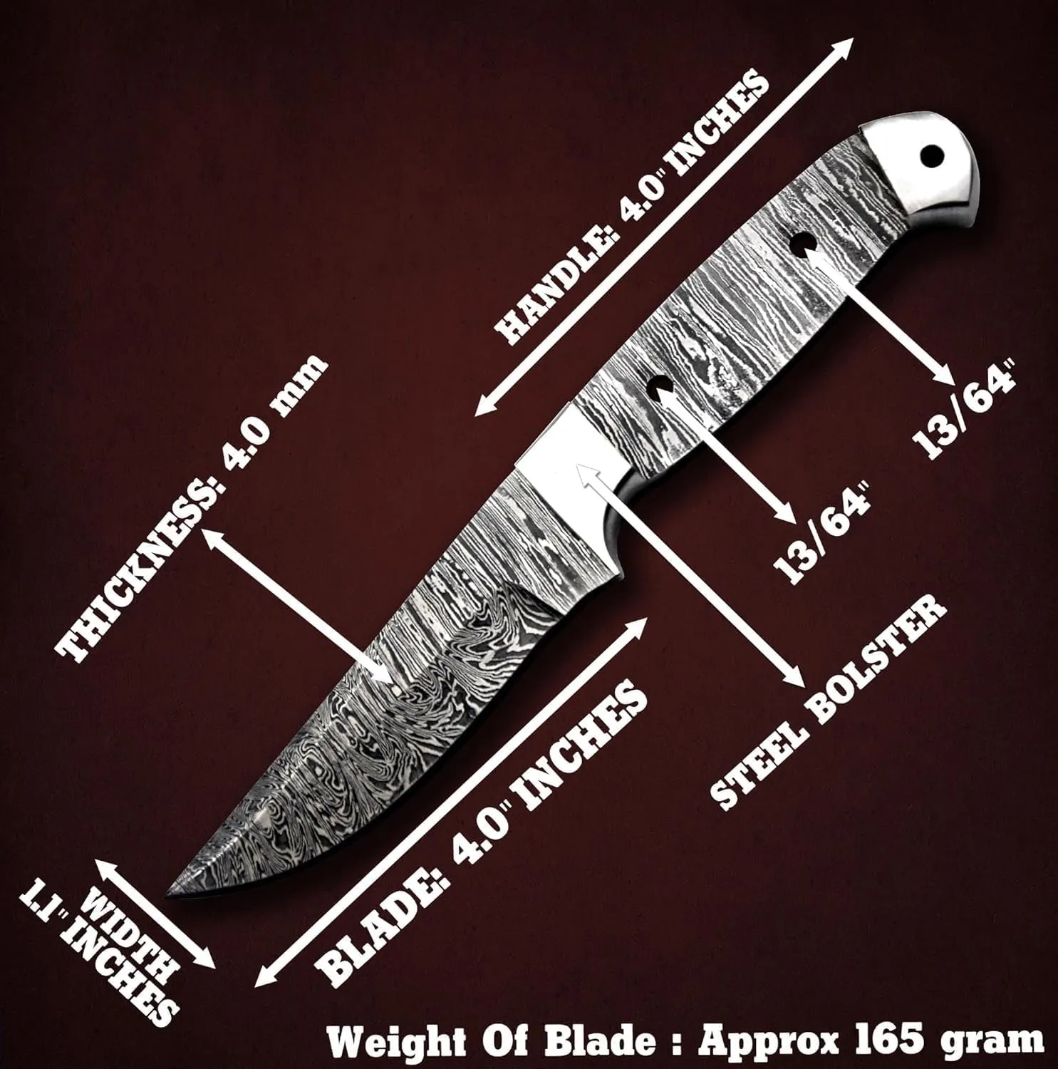 Custom Hand Forged Damascus Steel Blank Blade Hunting Knife DIY Damascus Blade Billet Camping, Bushcraft, Hiking Knives Handmade Steel Bolster Knife Making Supply (BB-10)