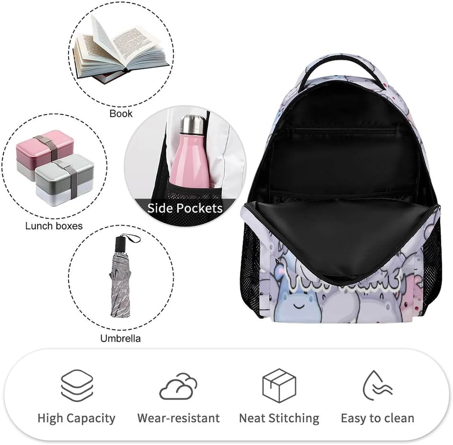 Custom Hippo School Backpack for Kids Girls Boys, 16 Inch Cute Hippos Themed Bookbag, Personalized School Backpack for Students Children, Lightweight, Large Capacity