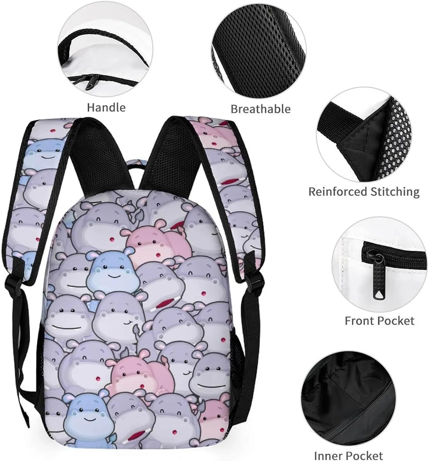 Custom Hippo School Backpack for Kids Girls Boys, 16 Inch Cute Hippos Themed Bookbag, Personalized School Backpack for Students Children, Lightweight, Large Capacity