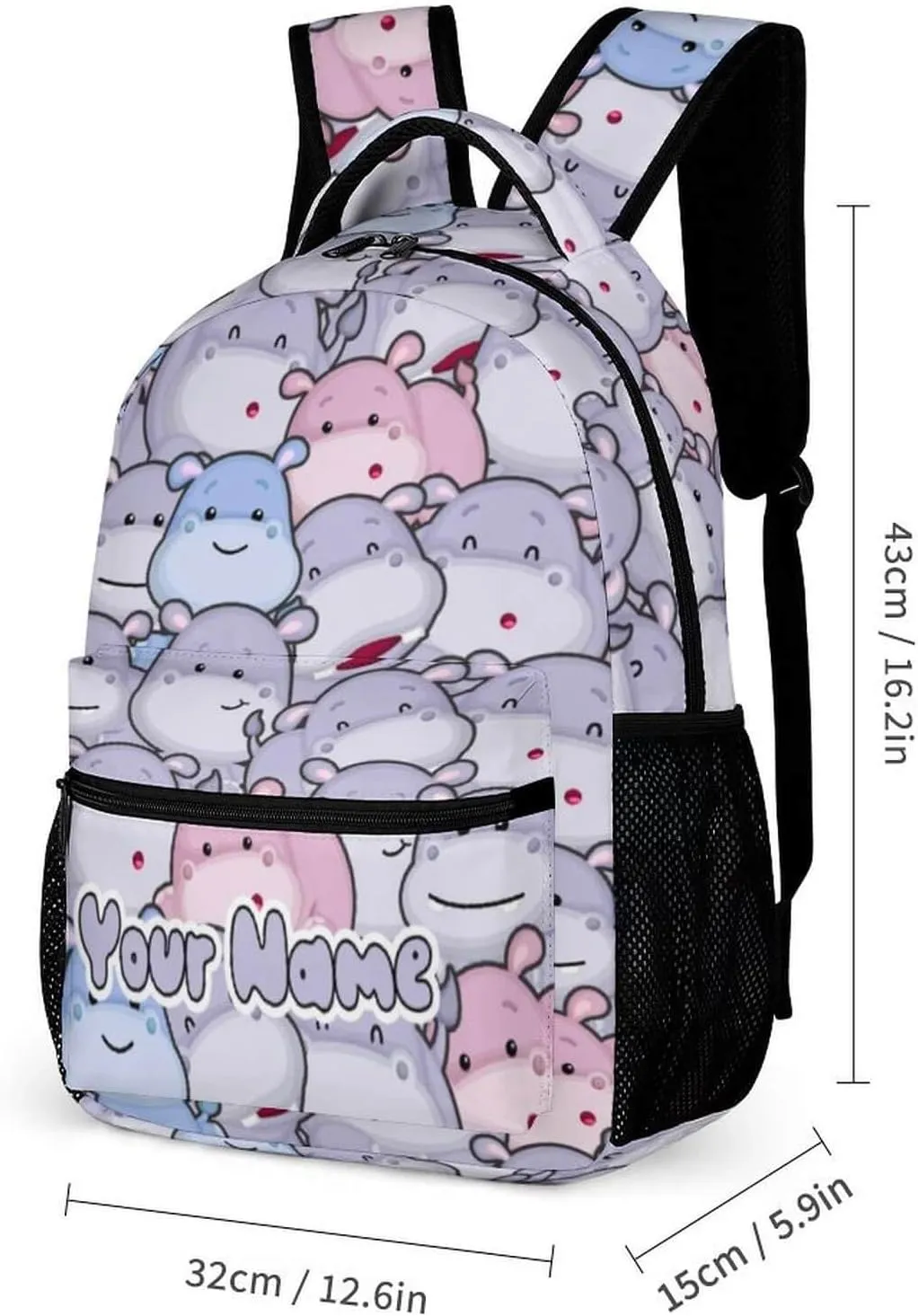 Custom Hippo School Backpack for Kids Girls Boys, 16 Inch Cute Hippos Themed Bookbag, Personalized School Backpack for Students Children, Lightweight, Large Capacity