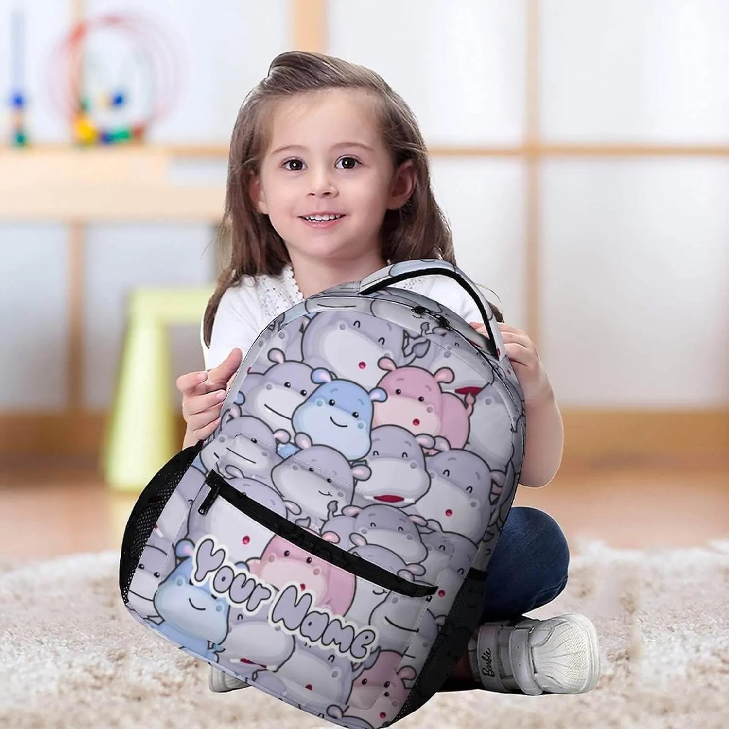 Custom Hippo School Backpack for Kids Girls Boys, 16 Inch Cute Hippos Themed Bookbag, Personalized School Backpack for Students Children, Lightweight, Large Capacity